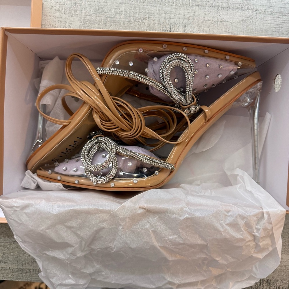 Women's Tan and Clear Embellished Heels - Picture 2 of 10